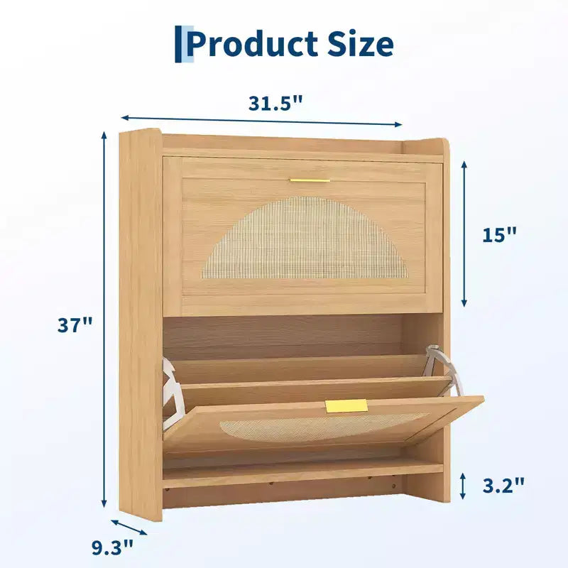 Meuble à chaussures en bois à 2 tiroirs basculants, meuble à chaussures autoportant avec portes en rotin et étagères réglables pour entrée, placard, couloir