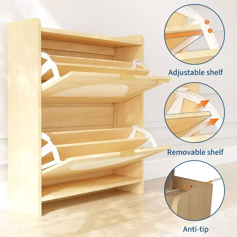 Meuble à chaussures en bois à 2 tiroirs basculants, meuble à chaussures autoportant avec portes en rotin et étagères réglables pour entrée, placard, couloir