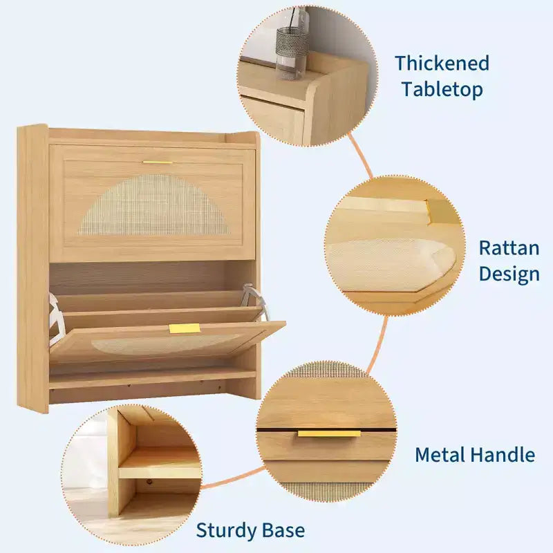 Meuble à chaussures en bois à 2 tiroirs basculants, meuble à chaussures autoportant avec portes en rotin et étagères réglables pour entrée, placard, couloir