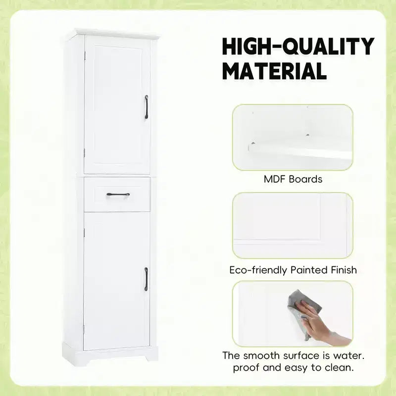 Meuble haut de rangement de salle de bain, Armoire de rangement sur pied avec 2 portes, un tiroir et une étagère réglable