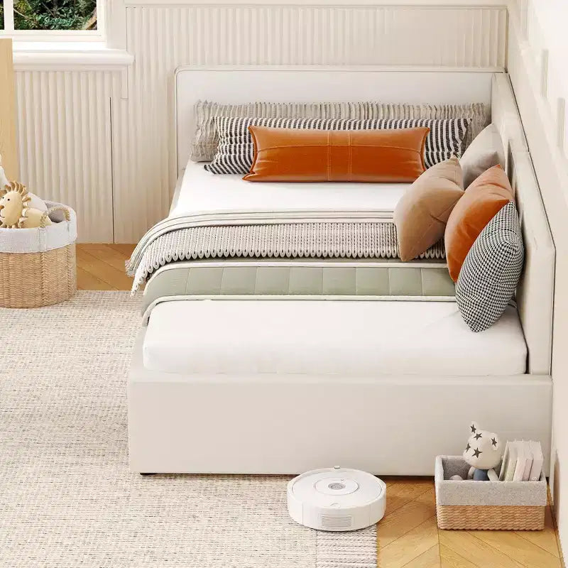 Lit de repos double COZONY avec barrières de sécurité, cadre de lit d'angle rembourré en velours avec tête de lit pour chambre d'enfant