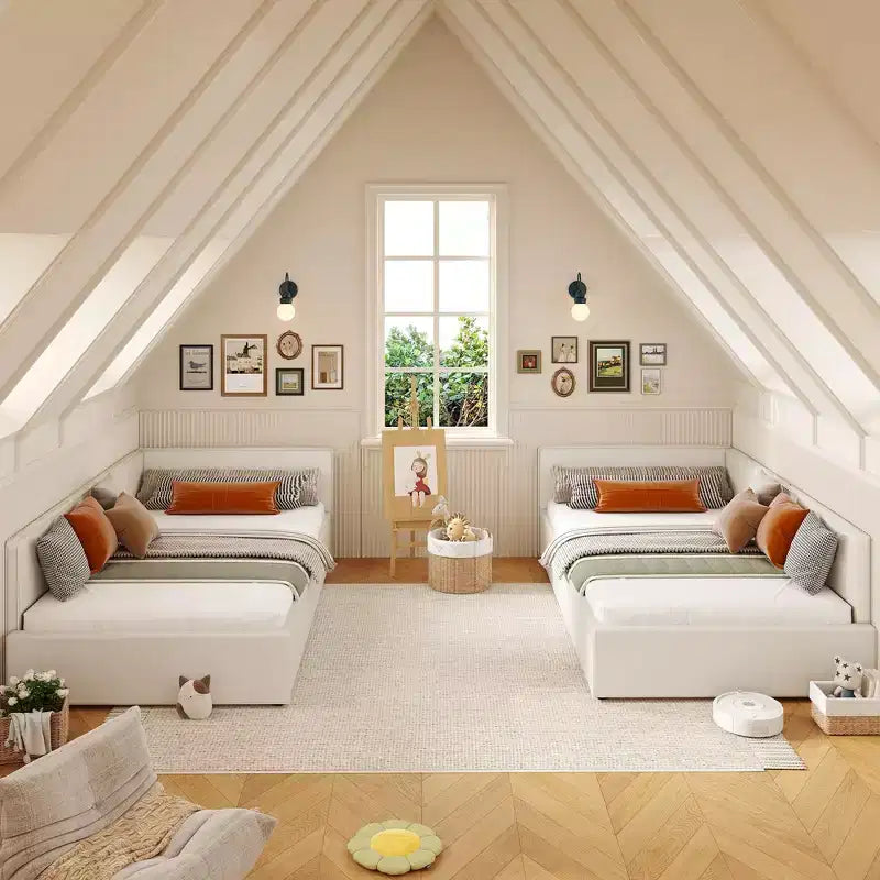 Lit de repos double COZONY avec barrières de sécurité, cadre de lit d'angle rembourré en velours avec tête de lit pour chambre d'enfant