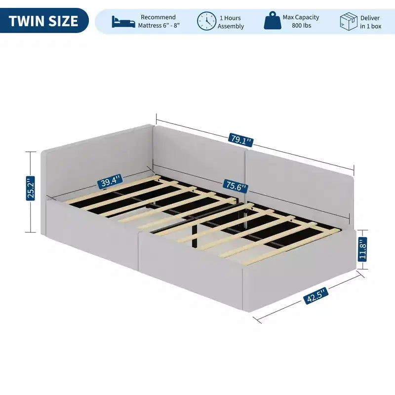 Lit de repos double COZONY avec barrières de sécurité, cadre de lit d'angle rembourré en velours avec tête de lit pour chambre d'enfant