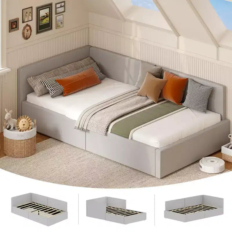 Lit de repos double COZONY avec barrières de sécurité, cadre de lit d'angle rembourré en velours avec tête de lit pour chambre d'enfant