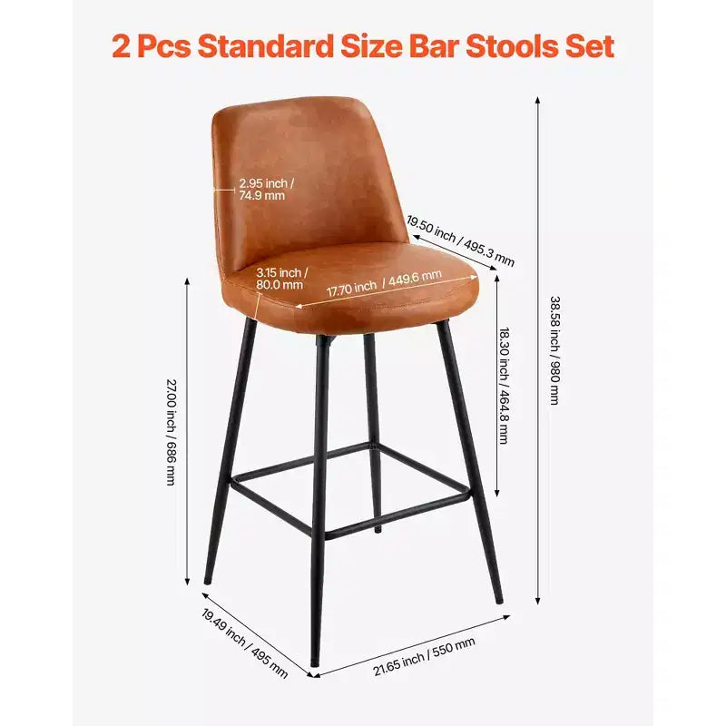 Lot de 2 tabourets de bar VEVOR, tabourets pivotants de 68,5 cm de hauteur de comptoir, tabouret de bar de comptoir moderne en cuir PU avec dossier et pieds en métal, marron