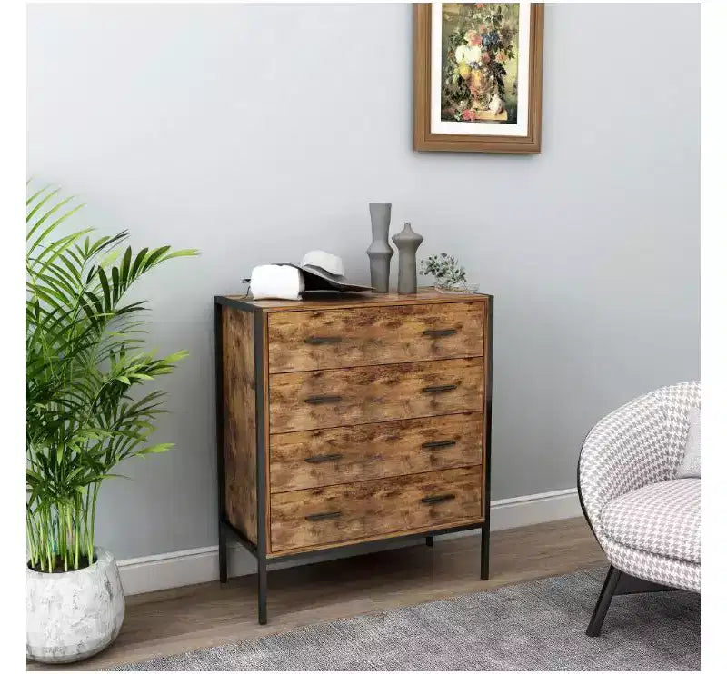 Commode 4 tiroirs style industriel en MDF, Organiseur de rangement en bois brun rustique avec cadre en acier robuste