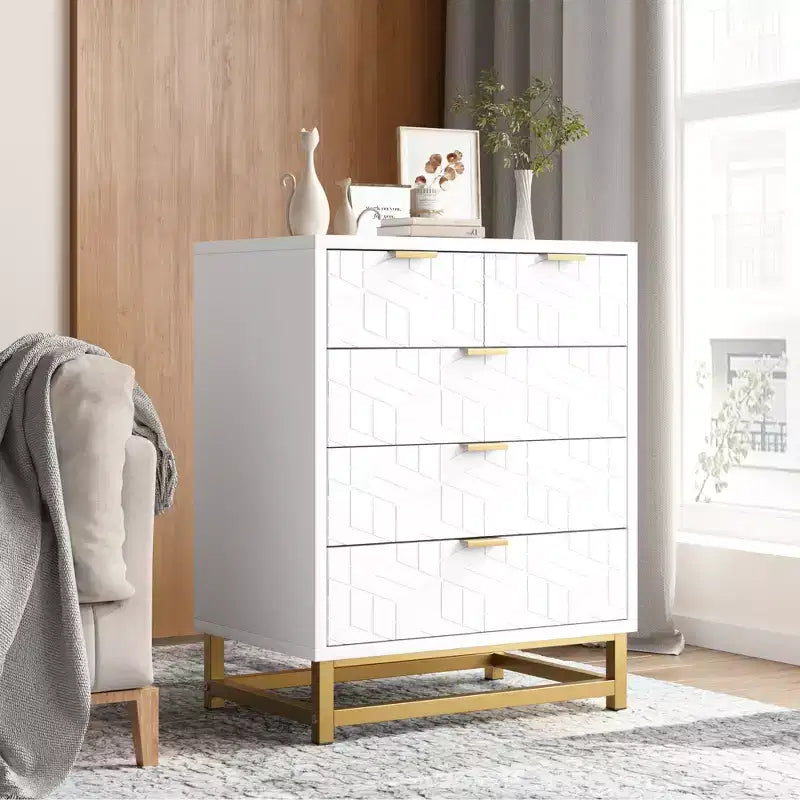 Commode blanche à 5 tiroirs, armoire haute à tiroirs, commode à 5 tiroirs avec grand espace de rangement, meuble de rangement en bois pour salon, couloir, bureau
