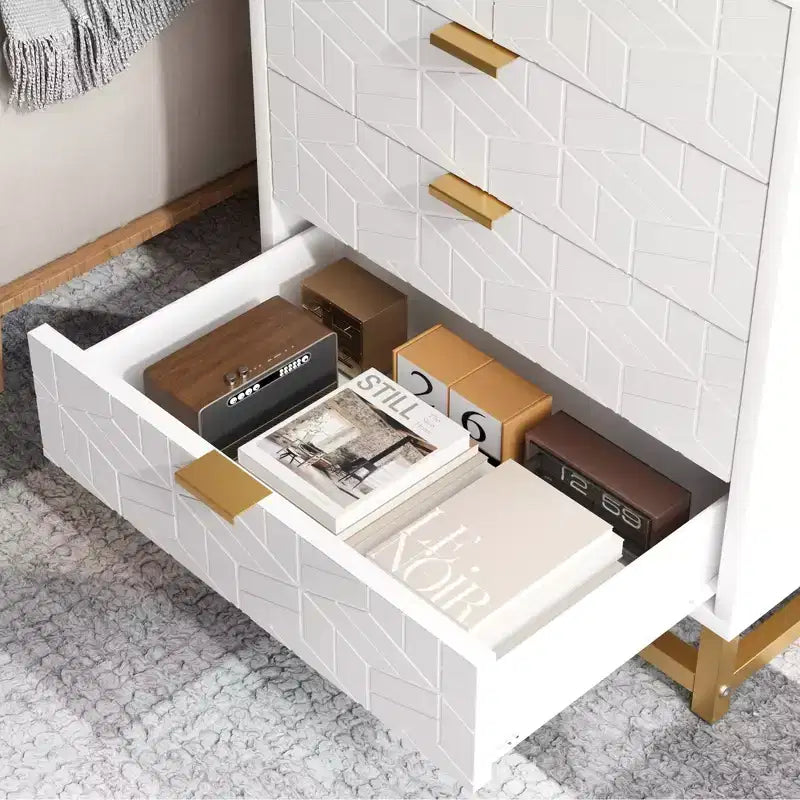 Commode blanche à 5 tiroirs, armoire haute à tiroirs, commode à 5 tiroirs avec grand espace de rangement, meuble de rangement en bois pour salon, couloir, bureau