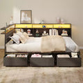 Black Full Bed Frame with LED Lights Charging Station Storage Bookcase 3 Drawers Upholstered Headboard Corner Daybed No Box Spring Support
