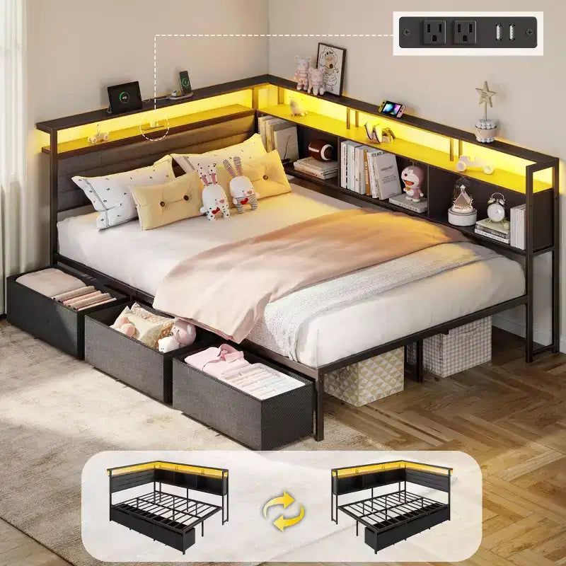 Lit double noir avec lumières LED, station de charge, bibliothèque de rangement, 3 tiroirs, tête de lit rembourrée, canapé-lit d'angle, sans sommier requis.