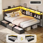 Lit double noir avec lumières LED, station de charge, bibliothèque de rangement, 3 tiroirs, tête de lit rembourrée, canapé-lit d'angle, sans sommier requis.