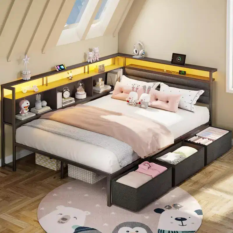 Lit double noir avec lumières LED, station de charge, bibliothèque de rangement, 3 tiroirs, tête de lit rembourrée, canapé-lit d'angle, sans sommier requis.