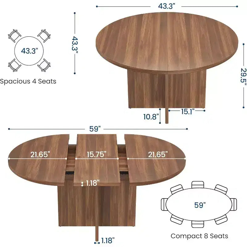 Table à manger ovale extensible pour 4 à 8 personnes, table de cuisine 59" en noyer, design rond à ovale peu encombrant pour salle à manger ou cuisine