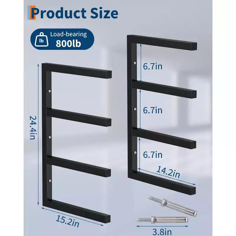 Support de Rangement à Bois, Organisateur de Bois - Lot de 4 Étagères Murales à 4 Niveaux en Acier Robuste, Capacité de 725 kg pour Abri de Jardin, Atelier, Garage, Noir