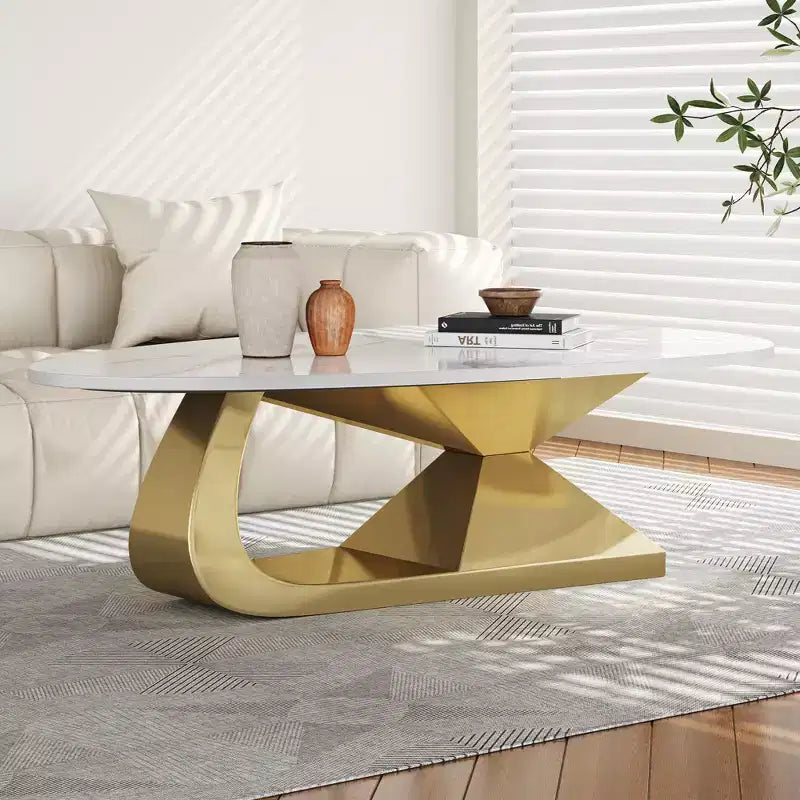 Table basse à plateau en céramique avec piètement contemporain en acier inoxydable - Une pièce maîtresse durable et élégante pour votre salon.