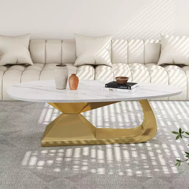 Table basse à plateau en céramique avec piètement contemporain en acier inoxydable - Une pièce maîtresse durable et élégante pour votre salon.