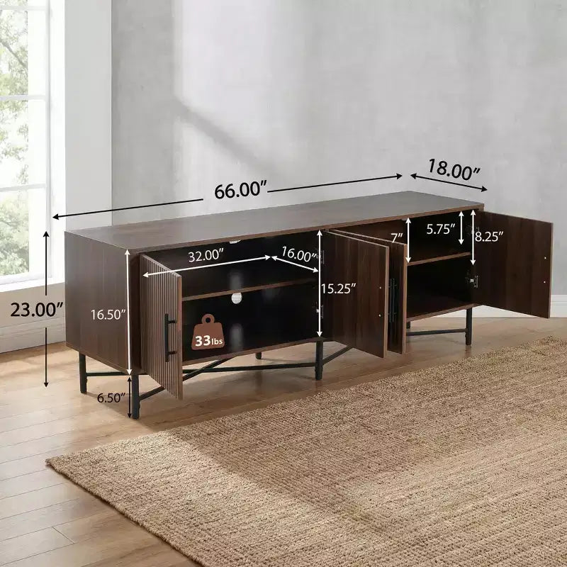 Meuble TV multimédia médiéval moderne JVNOXK avec quatre portes Deux étagères de rangement réglables Convient aux téléviseurs jusqu'à 65 poucesChâtaignier