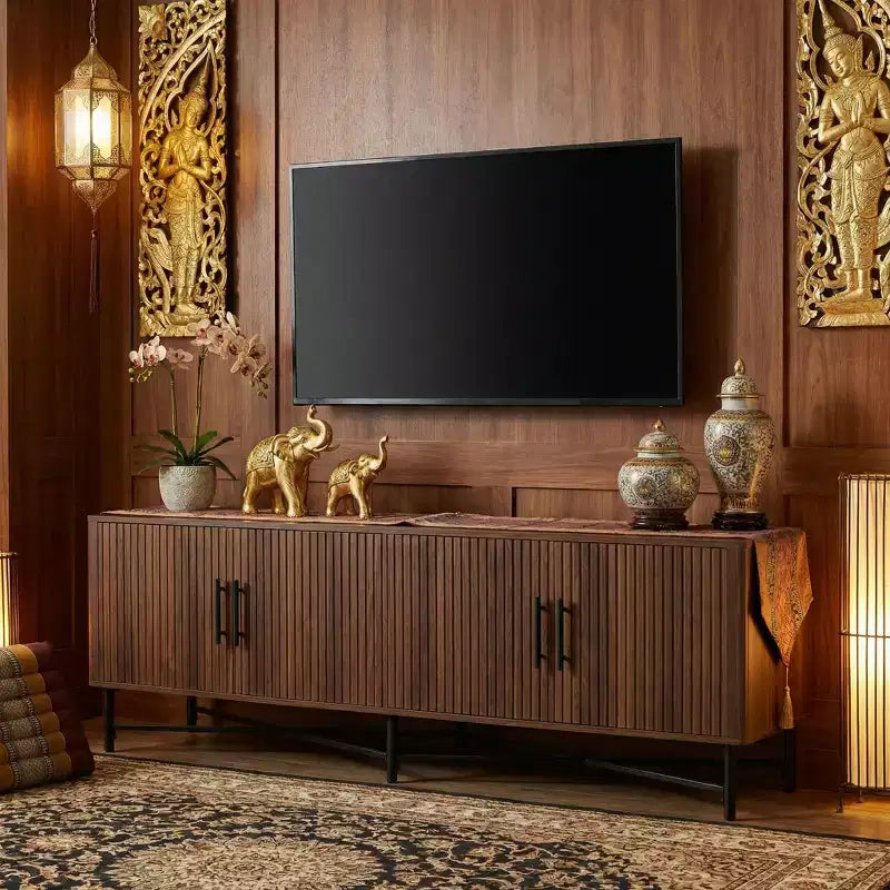 Meuble TV multimédia médiéval moderne JVNOXK avec quatre portes Deux étagères de rangement réglables Convient aux téléviseurs jusqu'à 65 poucesChâtaignier
