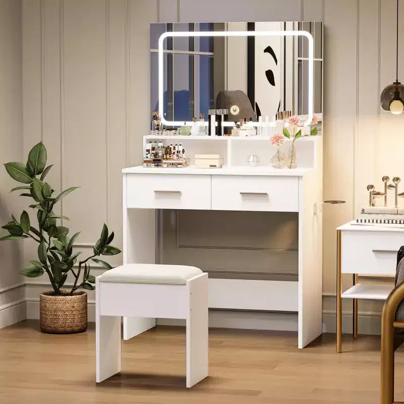 Coiffeuse Blanche Acekool avec Miroir, Tiroirs et Tabouret