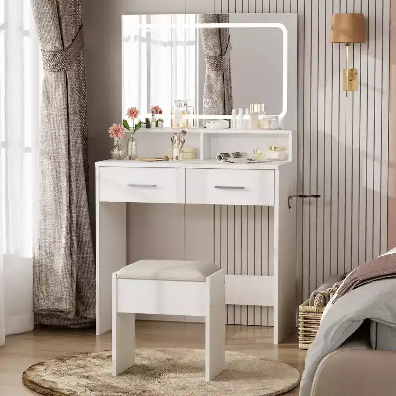 Coiffeuse Blanche Acekool avec Miroir, Tiroirs et Tabouret