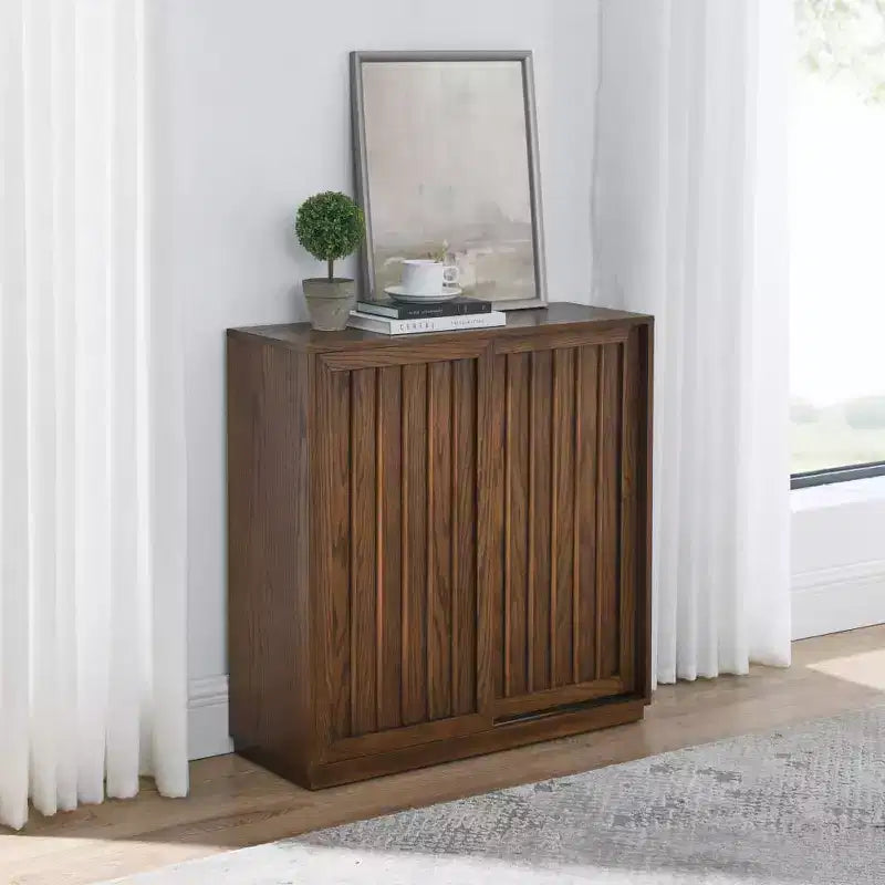 Meuble de rangement, buffet vintage avec 2 portes coulissantes et lattes en bois, meuble de rangement pour entrée, salon, couloir