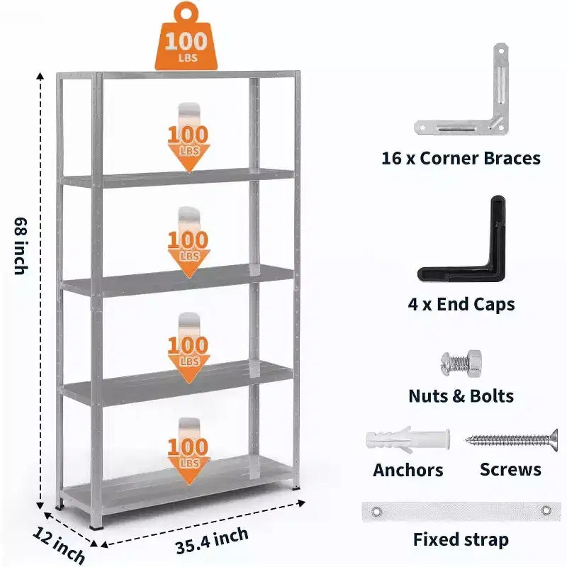 Acekool Étagère métallique à 5 niveaux, robuste, réglable pour garage, 91x30x173 cm pour cuisine, cellier, sous-sol, buanderie