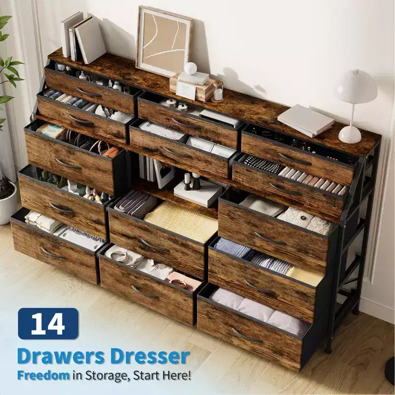Commode Noire/Blanche pour Chambre, Commode Moderne de 55" de large avec support TV et 14 tiroirs en tissu, Grande Armoire de Rangement pour Vêtements, Organisateur de Tiroirs