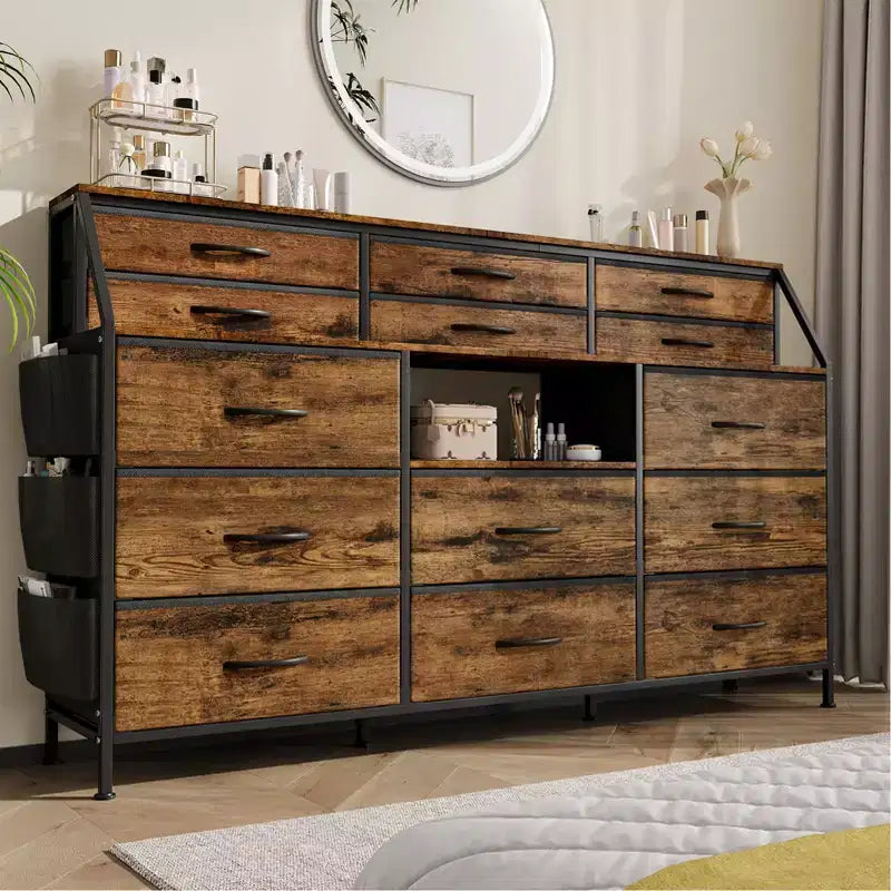 Commode Noire/Blanche pour Chambre, Commode Moderne de 55" de large avec support TV et 14 tiroirs en tissu, Grande Armoire de Rangement pour Vêtements, Organisateur de Tiroirs