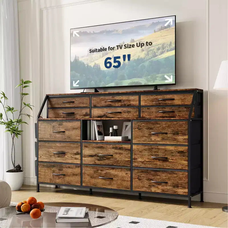 Commode Noire/Blanche pour Chambre, Commode Moderne de 55" de large avec support TV et 14 tiroirs en tissu, Grande Armoire de Rangement pour Vêtements, Organisateur de Tiroirs