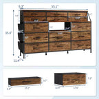 Commode Noire/Blanche pour Chambre, Commode Moderne de 55" de large avec support TV et 14 tiroirs en tissu, Grande Armoire de Rangement pour Vêtements, Organisateur de Tiroirs