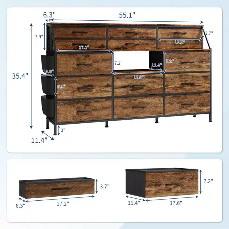 Commode Noire/Blanche pour Chambre, Commode Moderne de 55" de large avec support TV et 14 tiroirs en tissu, Grande Armoire de Rangement pour Vêtements, Organisateur de Tiroirs