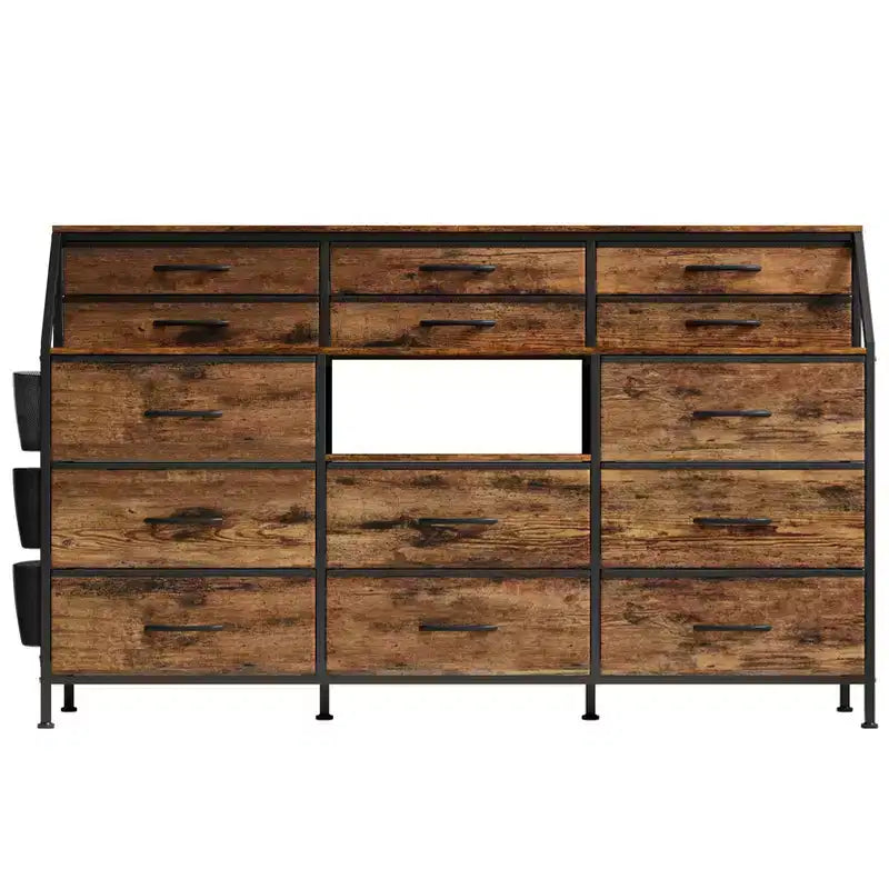 Commode Noire/Blanche pour Chambre, Commode Moderne de 55" de large avec support TV et 14 tiroirs en tissu, Grande Armoire de Rangement pour Vêtements, Organisateur de Tiroirs
