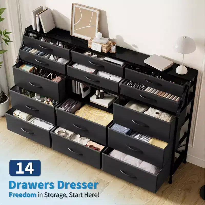 Commode Noire/Blanche pour Chambre, Commode Moderne de 55" de large avec support TV et 14 tiroirs en tissu, Grande Armoire de Rangement pour Vêtements, Organisateur de Tiroirs