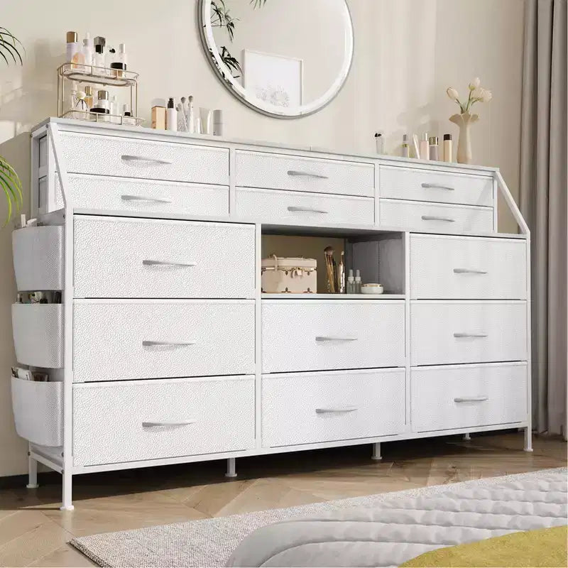 Commode Noire/Blanche pour Chambre, Commode Moderne de 55" de large avec support TV et 14 tiroirs en tissu, Grande Armoire de Rangement pour Vêtements, Organisateur de Tiroirs