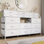 Commode Noire/Blanche pour Chambre, Commode Moderne de 55" de large avec support TV et 14 tiroirs en tissu, Grande Armoire de Rangement pour Vêtements, Organisateur de Tiroirs