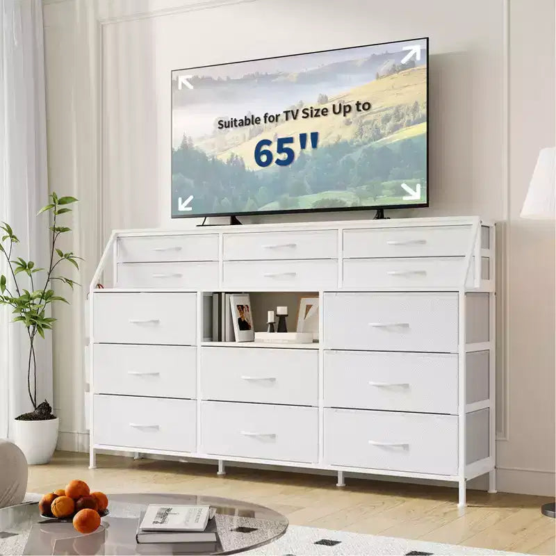 Commode Noire/Blanche pour Chambre, Commode Moderne de 55" de large avec support TV et 14 tiroirs en tissu, Grande Armoire de Rangement pour Vêtements, Organisateur de Tiroirs