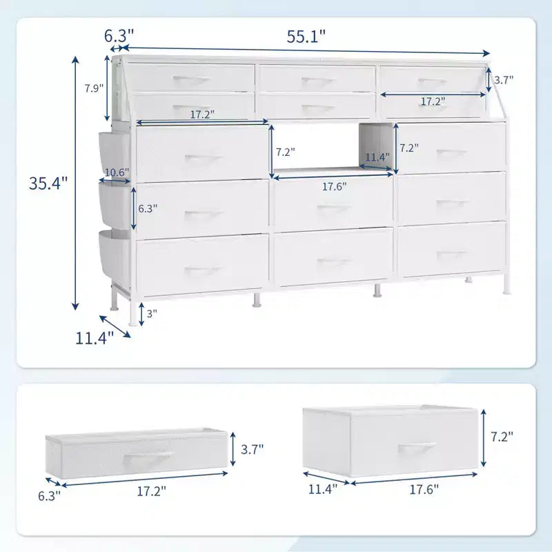 Commode Noire/Blanche pour Chambre, Commode Moderne de 55" de large avec support TV et 14 tiroirs en tissu, Grande Armoire de Rangement pour Vêtements, Organisateur de Tiroirs