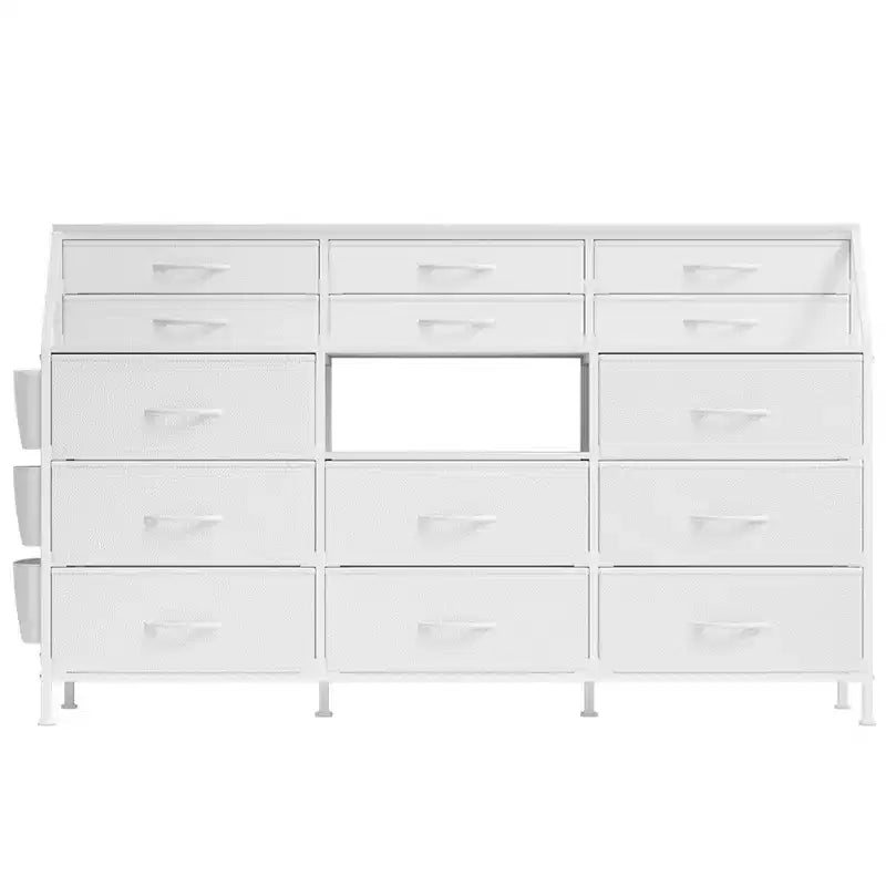 Commode Noire/Blanche pour Chambre, Commode Moderne de 55" de large avec support TV et 14 tiroirs en tissu, Grande Armoire de Rangement pour Vêtements, Organisateur de Tiroirs