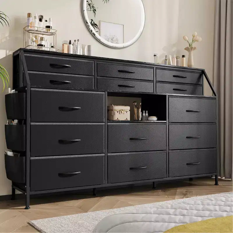 Commode Noire/Blanche pour Chambre, Commode Moderne de 55" de large avec support TV et 14 tiroirs en tissu, Grande Armoire de Rangement pour Vêtements, Organisateur de Tiroirs
