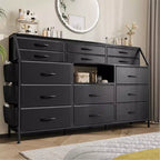 Commode Noire/Blanche pour Chambre, Commode Moderne de 55" de large avec support TV et 14 tiroirs en tissu, Grande Armoire de Rangement pour Vêtements, Organisateur de Tiroirs