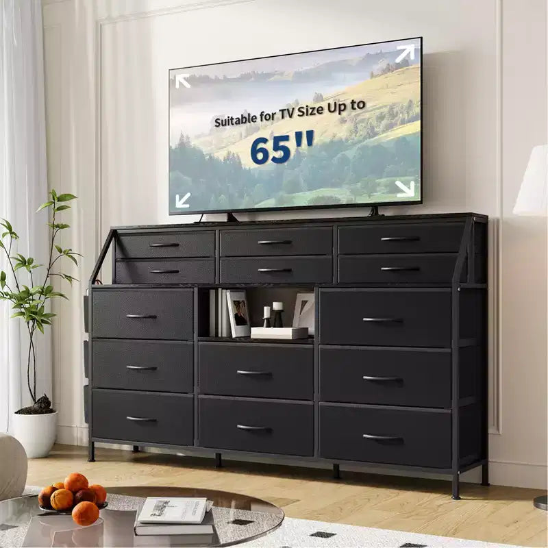 Commode Noire/Blanche pour Chambre, Commode Moderne de 55" de large avec support TV et 14 tiroirs en tissu, Grande Armoire de Rangement pour Vêtements, Organisateur de Tiroirs
