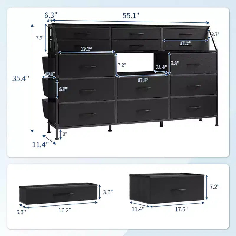 Commode Noire/Blanche pour Chambre, Commode Moderne de 55" de large avec support TV et 14 tiroirs en tissu, Grande Armoire de Rangement pour Vêtements, Organisateur de Tiroirs