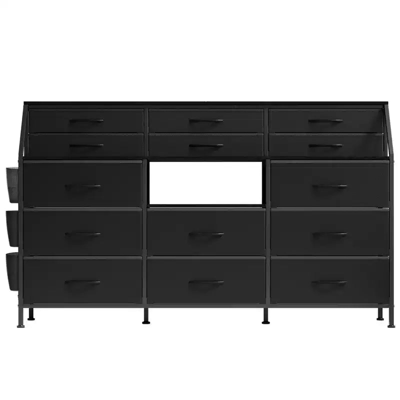 Commode Noire/Blanche pour Chambre, Commode Moderne de 55" de large avec support TV et 14 tiroirs en tissu, Grande Armoire de Rangement pour Vêtements, Organisateur de Tiroirs