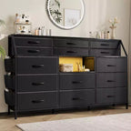 Black/White Dresser for Bedroom, 55 Wide Modern Dresser TV Stand with 14 Fabric Drawers, Large Clothing Storage Cabinet, Drawers Organizer