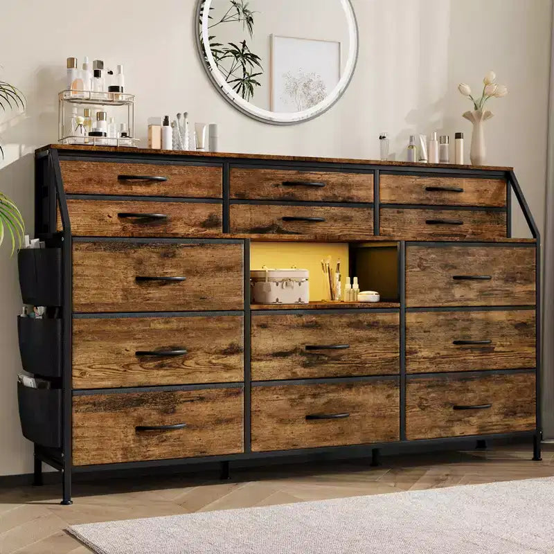 Commode Noire/Blanche pour Chambre, Commode Moderne de 55" de large avec support TV et 14 tiroirs en tissu, Grande Armoire de Rangement pour Vêtements, Organisateur de Tiroirs