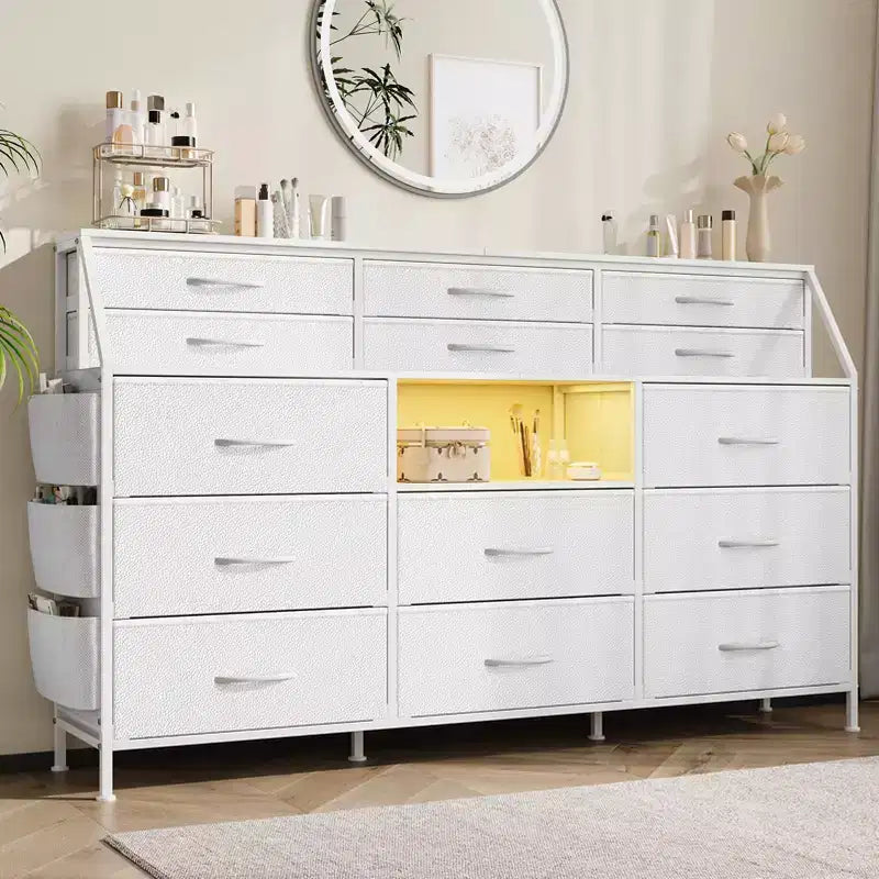 Commode Noire/Blanche pour Chambre, Commode Moderne de 55" de large avec support TV et 14 tiroirs en tissu, Grande Armoire de Rangement pour Vêtements, Organisateur de Tiroirs