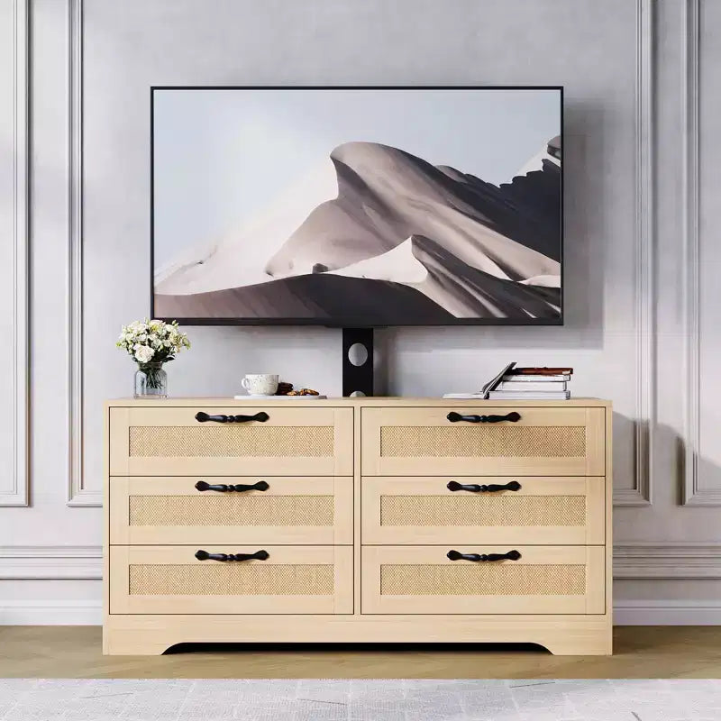 Meuble TV avec support, meuble de divertissement moderne de 120 cm, commode en rotin à 6 tiroirs pour téléviseurs de 32 à 85 pouces, table de console multimédia avec rangement pour salon