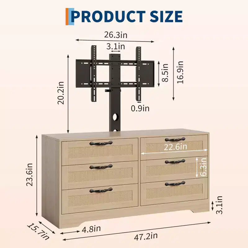 Meuble TV avec support, meuble de divertissement moderne de 120 cm, commode en rotin à 6 tiroirs pour téléviseurs de 32 à 85 pouces, table de console multimédia avec rangement pour salon