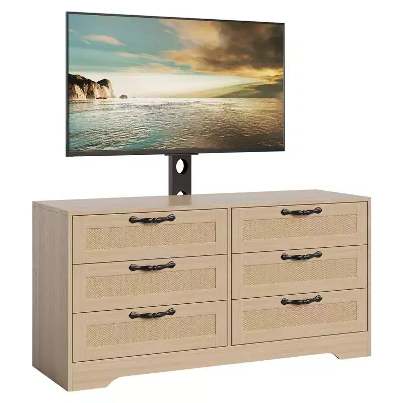 Meuble TV avec support, meuble de divertissement moderne de 120 cm, commode en rotin à 6 tiroirs pour téléviseurs de 32 à 85 pouces, table de console multimédia avec rangement pour salon