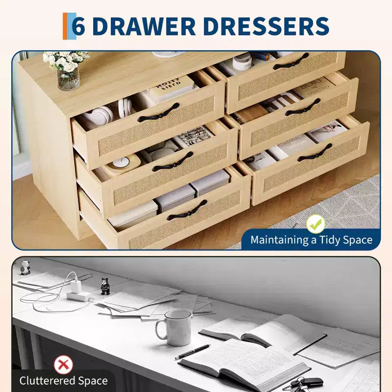 Meuble TV avec support, meuble de divertissement moderne de 120 cm, commode en rotin à 6 tiroirs pour téléviseurs de 32 à 85 pouces, table de console multimédia avec rangement pour salon